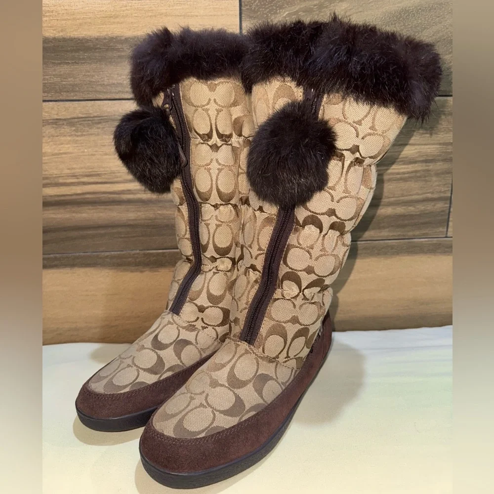 Coach Theona Y2K Signature Monogram Jacquard Rabbit Fur Brown Women’s Boots 8.5